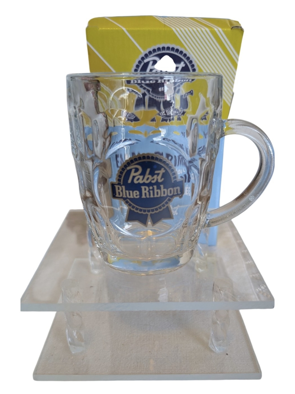Vintage Pabst Blue Ribbon Glass Beer Mug with Clear Glass Beer Mug - Blue Logo